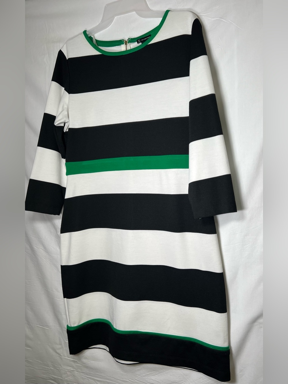 new directions Black & White Striped Midi Dress with Green Trim